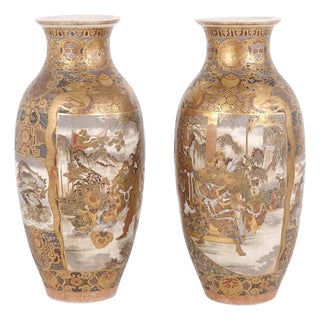 Meiji Japanese Satsuma Vases in Hand-Painted Porcelain, 1890s, Set of 2 For Sale