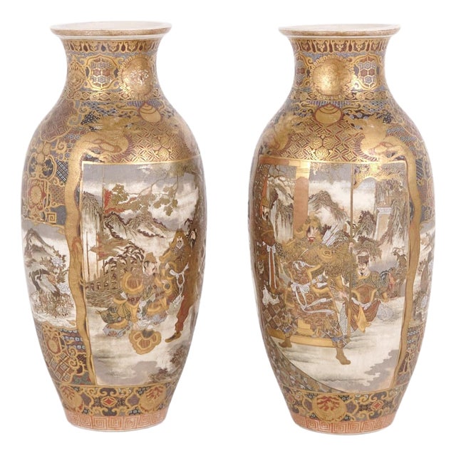 Meiji Japanese Satsuma Vases in Hand-Painted Porcelain, 1890s, Set of 2 For Sale
