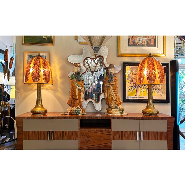 1960s 1960s Gabriella Crespi Brass Lamps, Resin "Tobacco Leaf" Shades - a Pair For Sale - Image 5 of 15