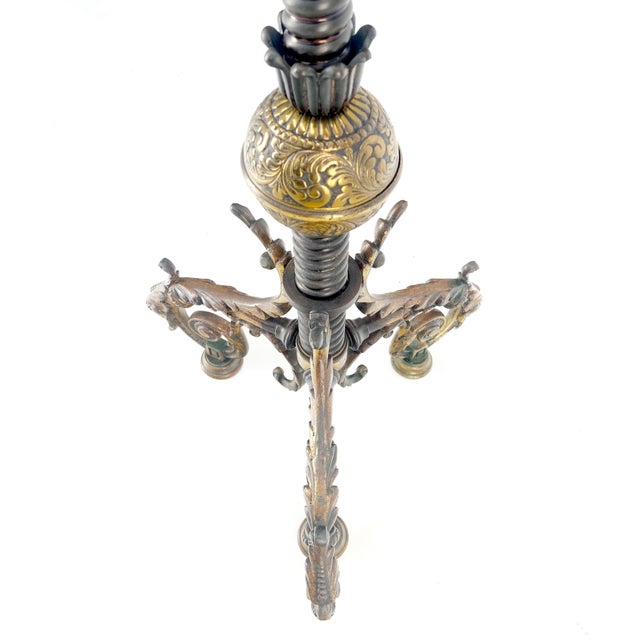 19h Century Cast Polished Brass Tripod Base Adjustable Height Oil Flor Lamp MINT For Sale - Image 11 of 17