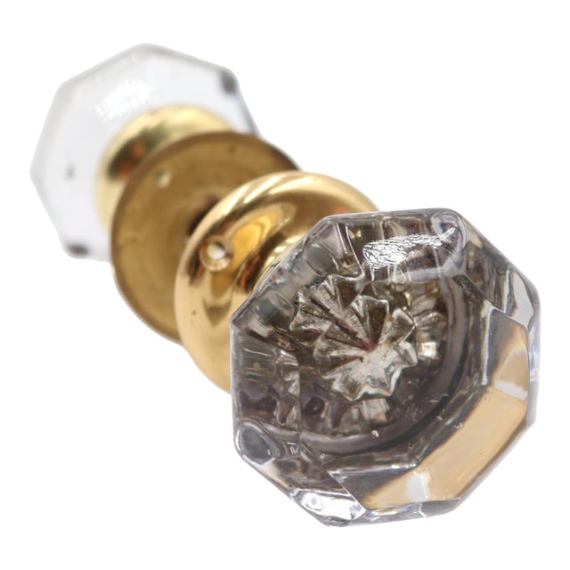 Vintage Clear Octagon Glass Brass Door Knob Set For Sale