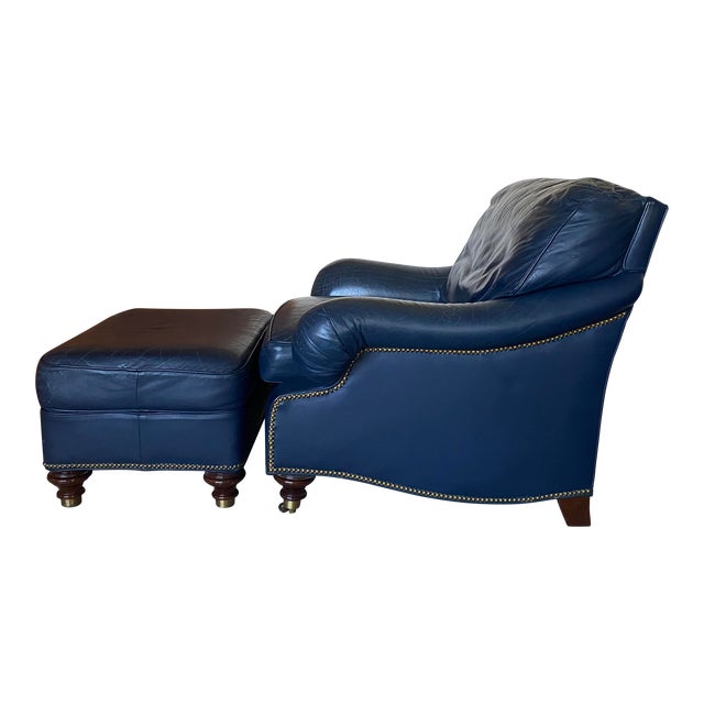 Vintage Hancock & Moore Navy Blue Leather Lounge Chair and Ottoman With