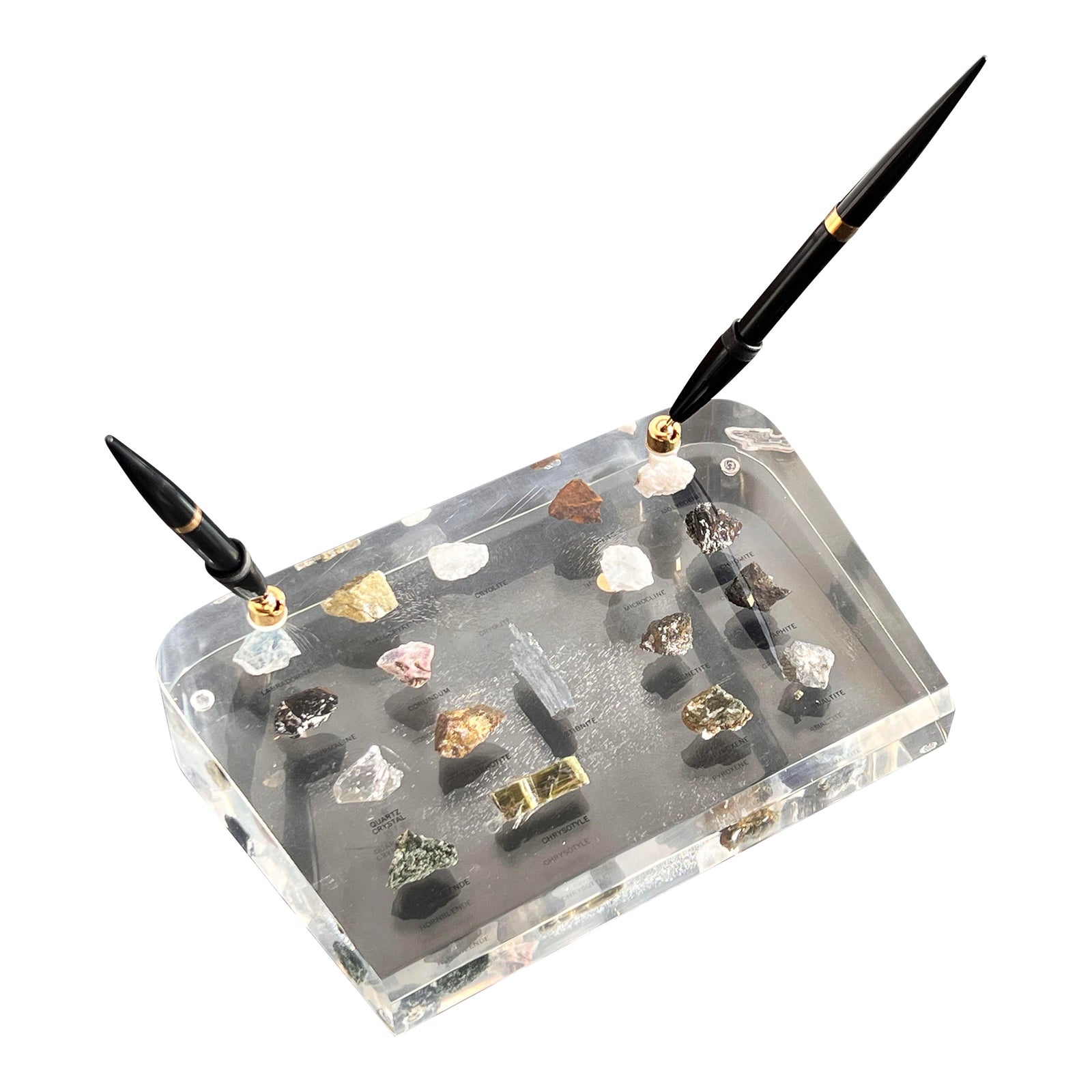 Vintage Mid Century Lucite Desk Pen Holder With Encased Mineral & Gemstone Specimens