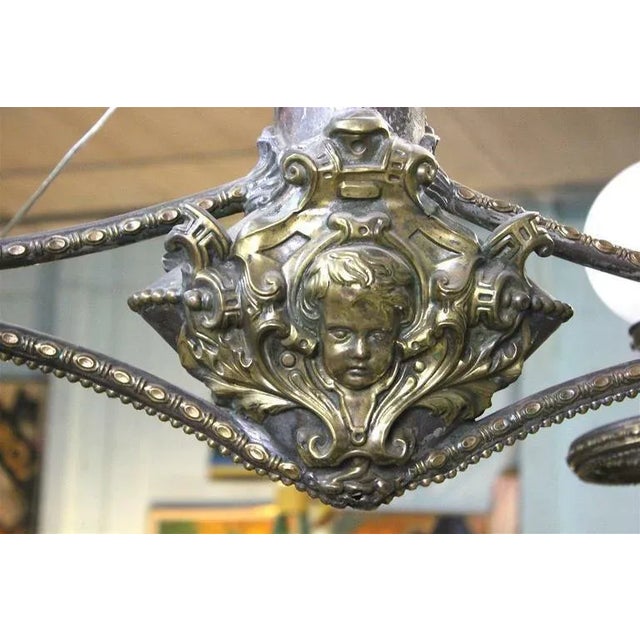 Extraordinary 19th Century Beaux Arts Four Arm Brass & Zinc Globe Light Chandelier-Stanford White Gatsby MansionStyle- 37éw. For Sale - Image 4 of 9