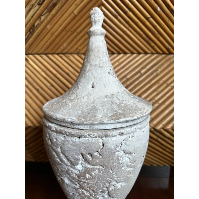 Ceramic Vintage 19” French Whitewash Terracotta Lidded Urn For Sale - Image 7 of 13
