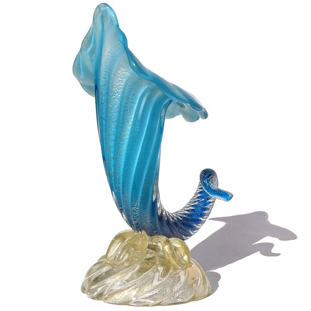 Mid 20th Century Vintage Murano Seguso Opalescent Blue Gold Flecks Italian Art Glass Mid Century Sculptural Flower Vase For Sale - Image 5 of 12