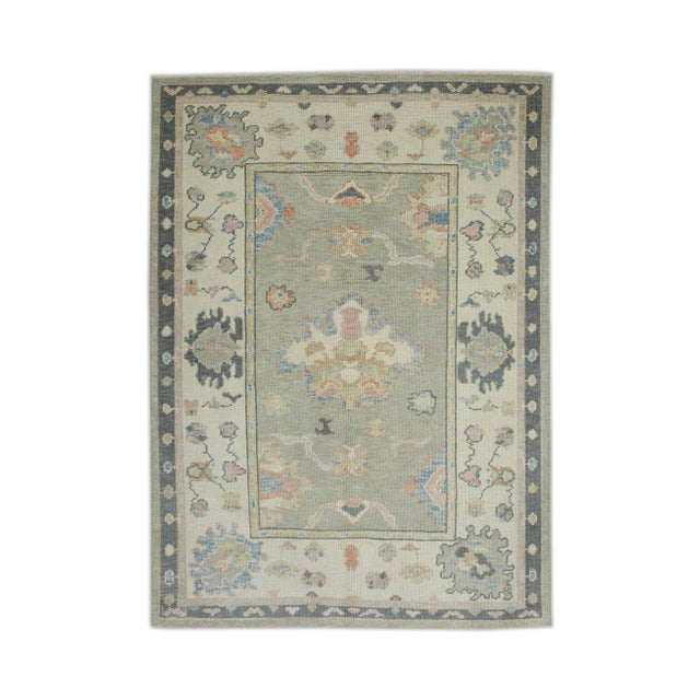 Textile Early 21st Century Green & Charcoal Floral Design Handwoven Wool Turkish Oushak Rug 4'8" X 6'5" For Sale - Image 7 of 7