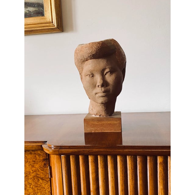1940s Willy Gordon, Terracotta Japanese Girl Akito Head Sculpture, France 1940s For Sale - Image 5 of 13