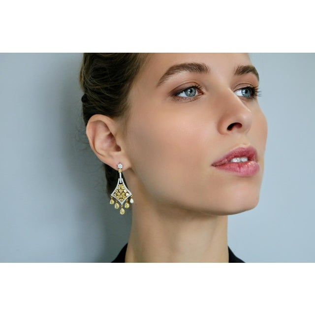 Metal Avize Earrings - 6.81 Carat Yellow Diamond 18k White Gold- Set of 2 For Sale - Image 7 of 7
