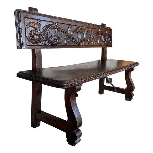 20th Century Spanish Renaissance Carved Walnut Bench Banquette "Escaño" For Sale