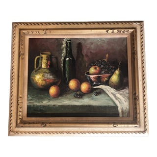 Original Vintage Still Life Painting With Fruit & Bottles Mid Century Modern Carved Wood Frame Signed For Sale