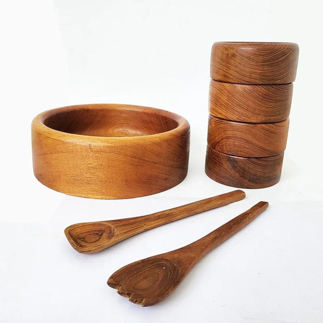Mid-Century Modern 1970s Teak Wood Salad Bowls and Serving Utensils, Set of 7 For Sale - Image 3 of 10