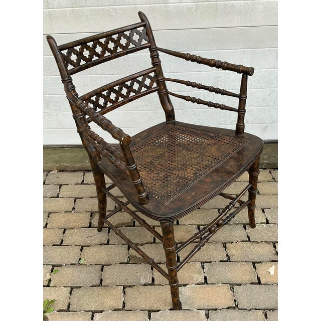 Wood Pair of Regency Style Faux-Bamboo Faux-Painted Caned Seat Arm Chairs by Baker Furniture. For Sale - Image 7 of 12