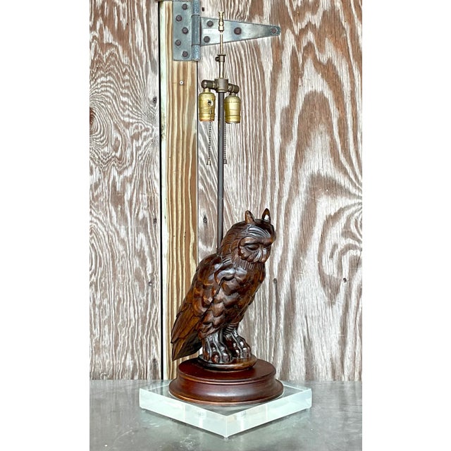 Modern Vintage Boho Hand Carved Owl on Lucite Lamp - 1550 For Sale - Image 3 of 12