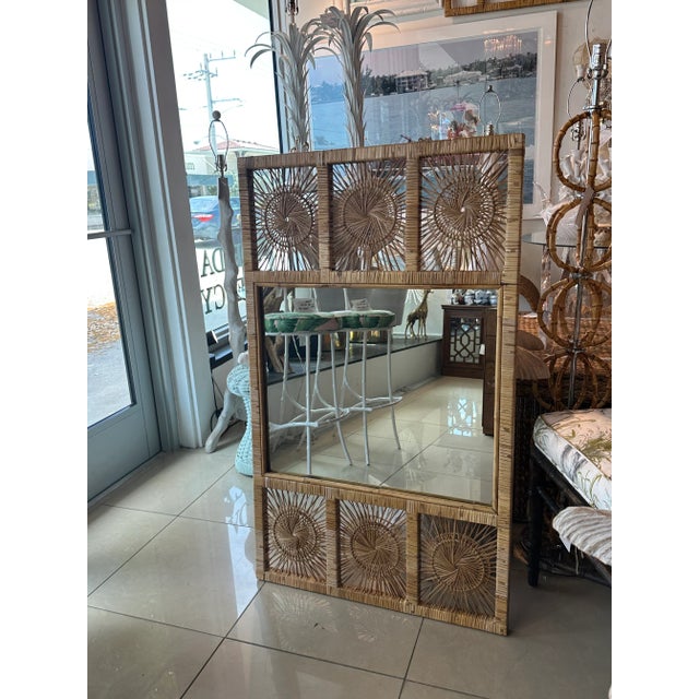 Wood Vintage Palm Beach Spun Woven Wicker Rattan Sunburst Wall Mirror For Sale - Image 7 of 10