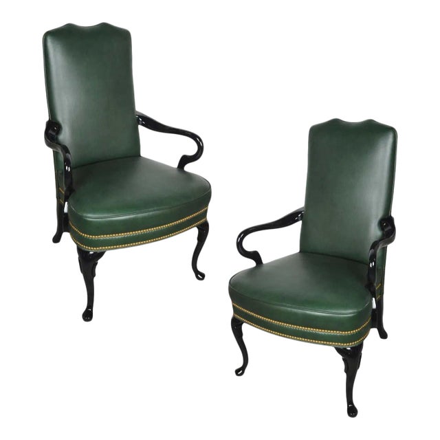 Vintage Queen Anne Green Library Office Lounge Armchairs - A Pair For Sale