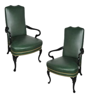 Vintage Queen Anne Green Library Office Lounge Armchairs - A Pair