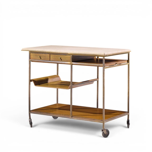 Mid-Century Modern Paul McCobb for Calvin Irwin Collection Mid Century Travertine, Brass and Mahogany Bar Cart For Sale - Image 3 of 12