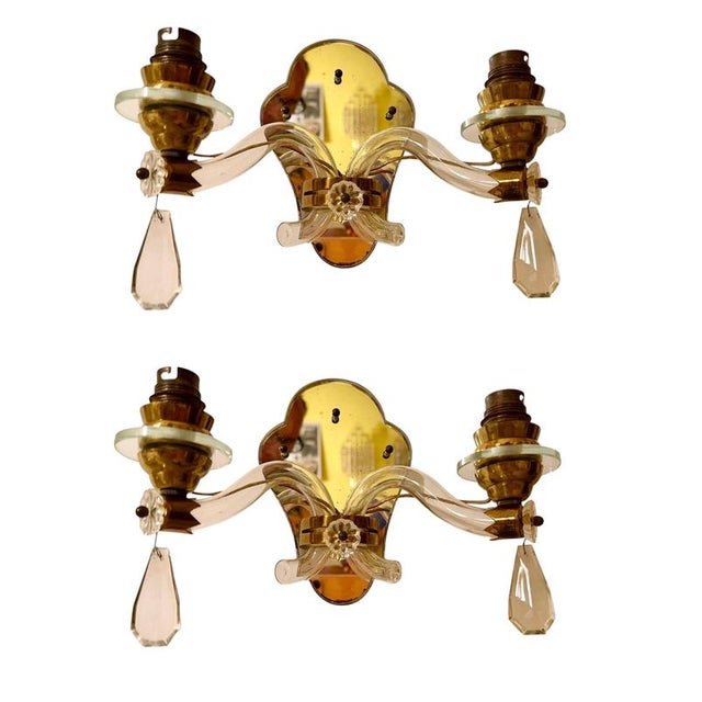 Metal Art Deco French Crystal and Mirror Wall Sconces from Maison Baguès, Paris, 1945s, Set of 2 For Sale - Image 7 of 8