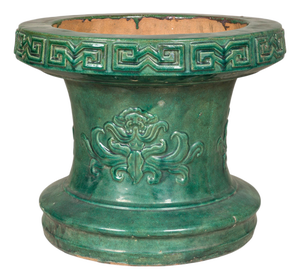 Chinese Vintage Green Glazed Ceramic Planter or Garden Seat Base with Foliage