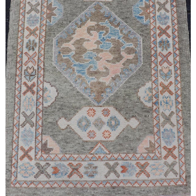 Turkish Oushak Runner in Soft Coral, Slate Gray, and Ivory With Geometric Design For Sale - Image 11 of 13