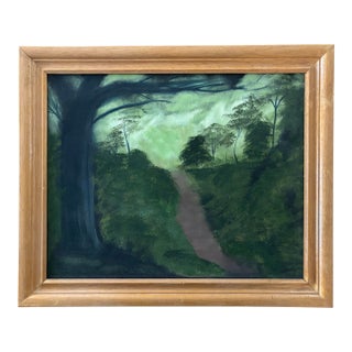 Late 20th Century Moody Folk Art Landscape Oil Painting, Framed For Sale