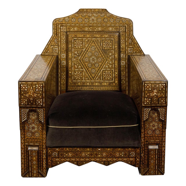 Moroccan 1900s Club Chair with Geometric Bone Inlay and Cushion For Sale