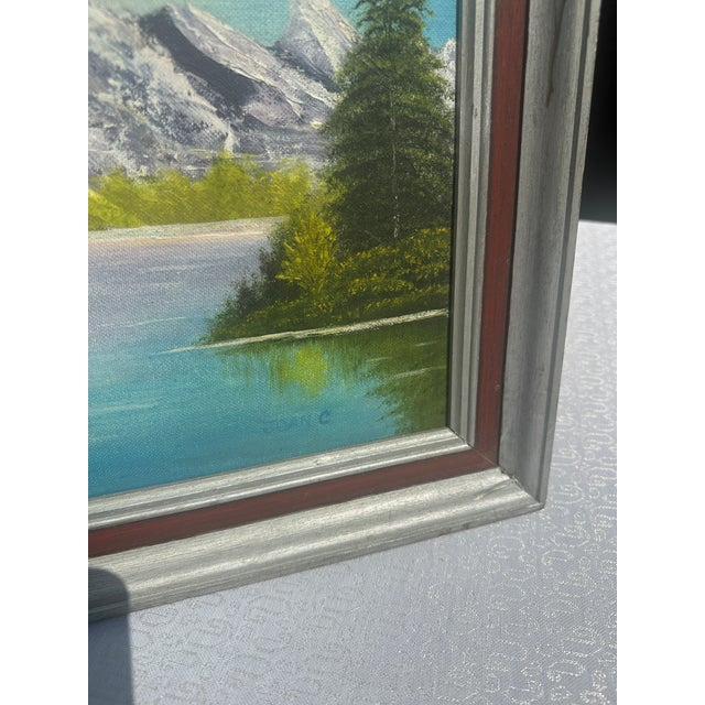 1990s 1990s Framed Waterside Mountain Landscape Painting on Canvas, Signed by the Artist For Sale - Image 5 of 8