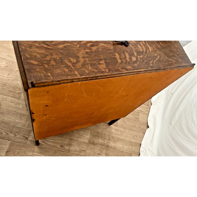 Antique English Secretary Desk, Locking Door, Three Bottom Drawers Tiger Oak For Sale In Palm Springs - Image 6 of 13