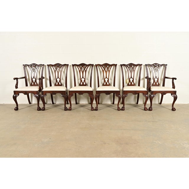 An outstanding set of six of Chippendale or Georgian style dining chairs By Drexel Heritage USA, 1992 Carved solid...