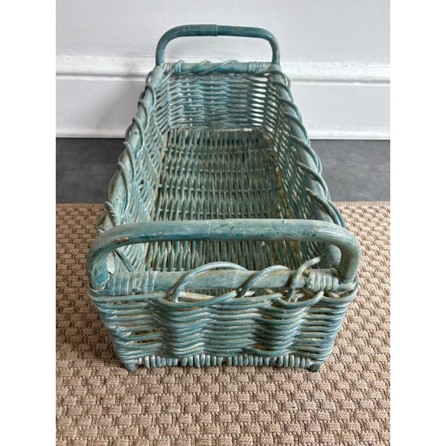 Farmhouse Late 20th Century French Country Blue Bamboo Wicker Basket, Wide For Sale - Image 3 of 7