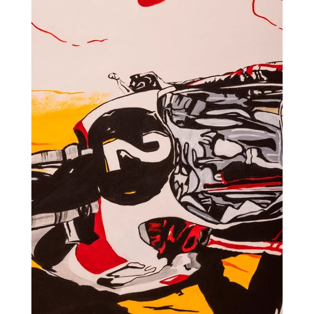Oil painting on cotton canvas, title "read," year 2018, signed by the artist. The painting, part of the motorcycle series,...