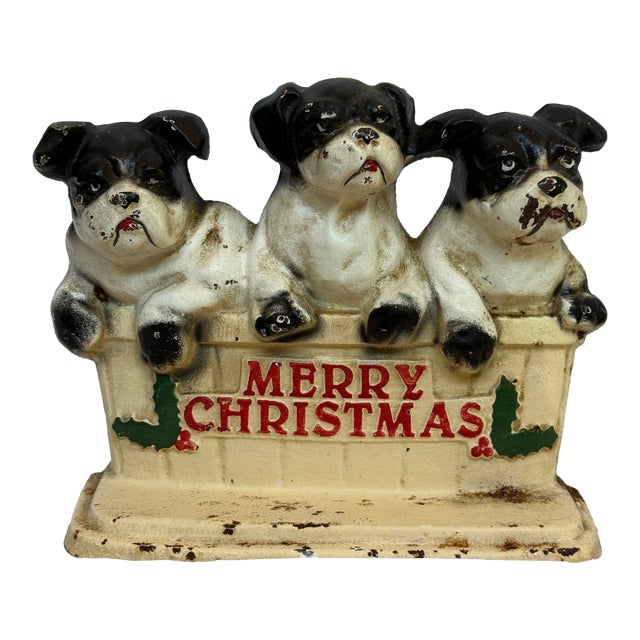 Cast Iron Vintage Merry Christmas Three Dog Bullies Door Stop For Sale
