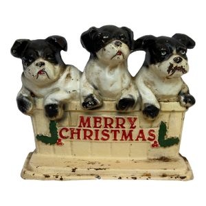 Cast Iron Vintage Merry Christmas Three Dog Bullies Door Stop