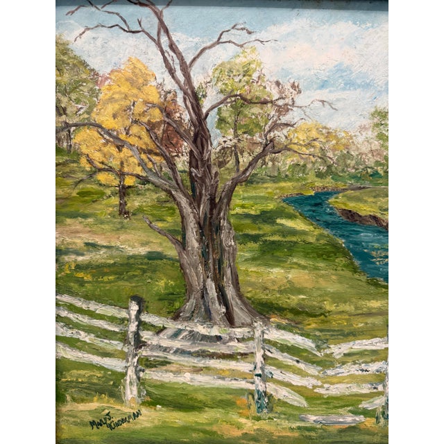 1970s Landscape Painting of River Beside a Tree & a White Broken Picket Fence, Signed Mary J. Kinderman For Sale - Image 4 of 10