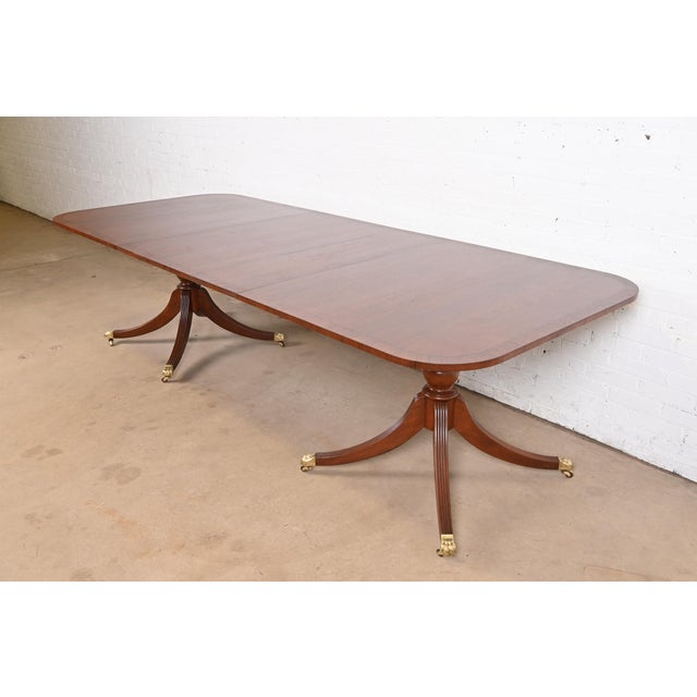 Baker Furniture Style Georgian Banded Mahogany Double Pedestal Extension Dining Table, Newly Refinished For Sale - Image 12 of 12