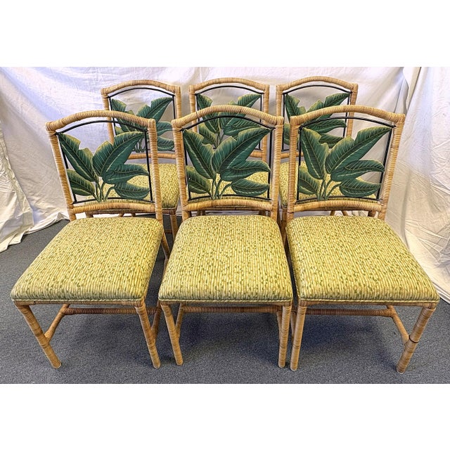 Boho Chic Vintage McGuire Style Rattan Wrapped Dining Chairs With Banana Leaf Back Detail- Set of 6 For Sale - Image 3 of 18