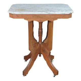 Antique Victorian Eastlake Walnut Carved Marble Top Parlor End Side Table 26" For Sale