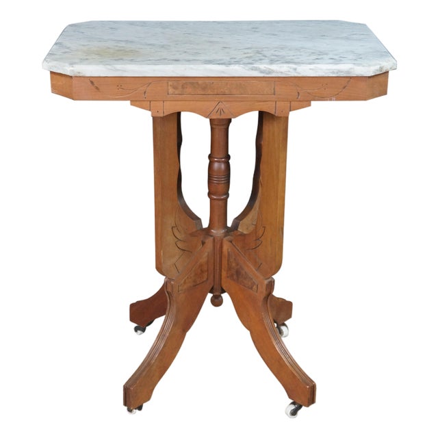 Antique Victorian Eastlake Walnut Carved Marble Top Parlor End Side Table 26" For Sale