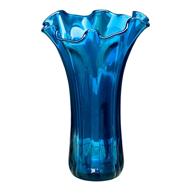 Mid-Century Modern Blue Ruffled Rim 14" Tall Blown Glass Vase For Sale