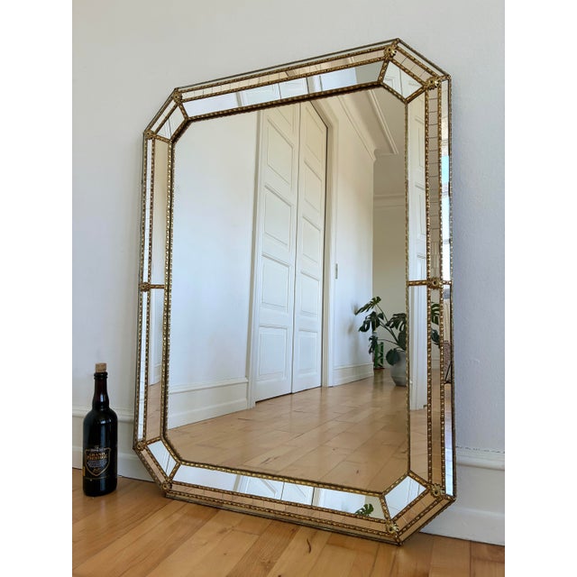 Large Vintage Spanish Venetian Style Rectangular Brass Wall Mirror – Gold Hollywood Regency, 1980s For Sale - Image 6 of 12