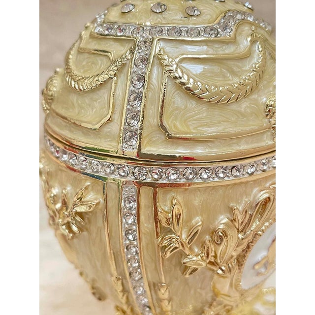 Beige Pierre Lorren Handmade Faberge Egg Style Trinket Fabergé Egg Style Austrian Crystal Diamond Pure Gold Deco Hand Painted 5 Star Egg & Handmade Bracelet For Sale - Image 8 of 11