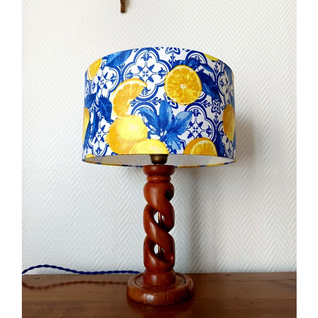 Turned Wood Lamp with Azulejo Lemon-Patterned Lampshade, 1960s For Sale - Image 6 of 9