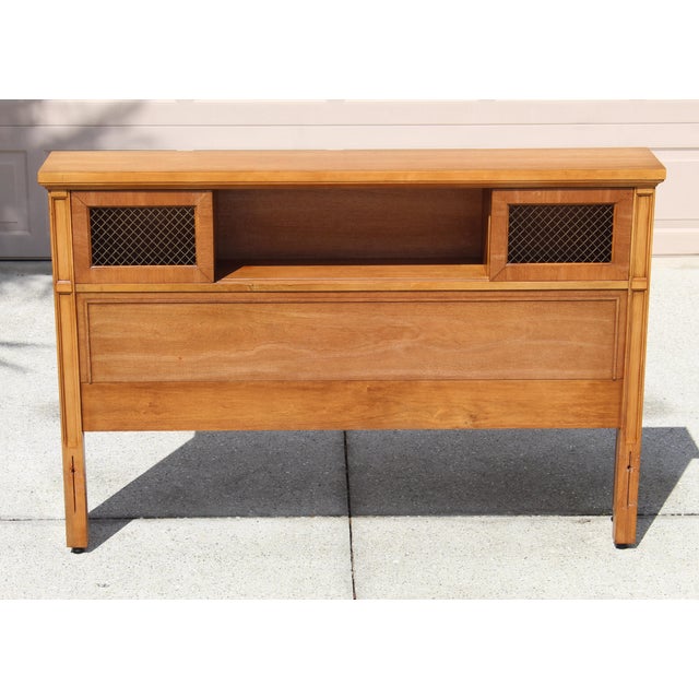 Mid-Century Modern Full Size Bar Headboard – 1970s Vintage Wood Frame With Storage & Brass Grille Panels For Sale - Image 4 of 17