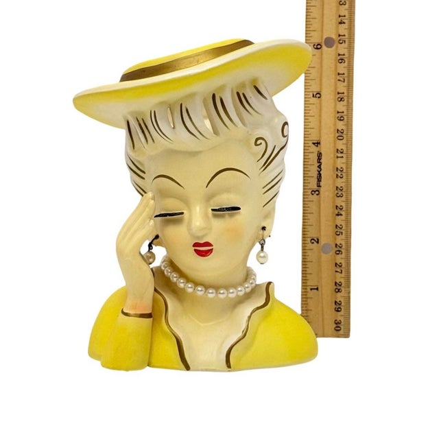 Yellow Vintage Arnart Head Vase Lady Yellow Hat Pearl Necklace Earrings Japan. For Sale - Image 8 of 8