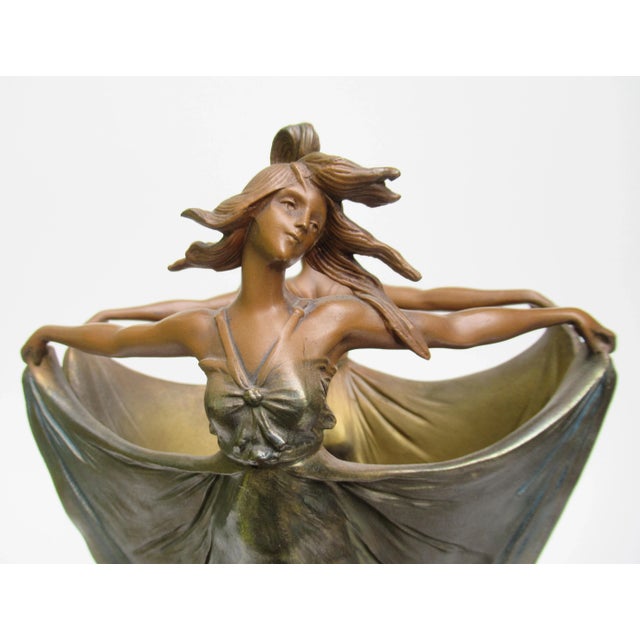 Avocado C.1900-1920's French Art Nouveaux Era Female "Nebulia" Bronze & Metal, Hand-Painted Vase or Centerpiece Urn For Sale - Image 8 of 12