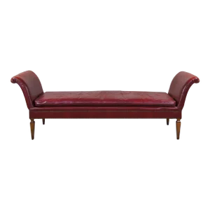 Mid Century Mahogany & Red Leather Scroll Arm Chaise Lounge Day Bed Bench