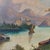 This antique oil on canvas painting, evocative of the Hudson River School, depicts a river landscape framed by mountains...