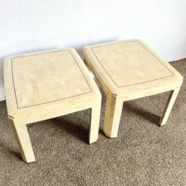 Postmodern Polished Tessellated Stone Side Tables With Brass Inlay - A Pair For Sale - Image 4 of 10