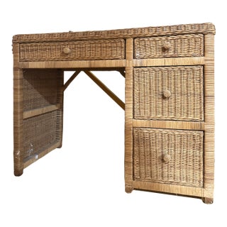 Vintage Wicker Boho Chic Desk With Drawers For Sale